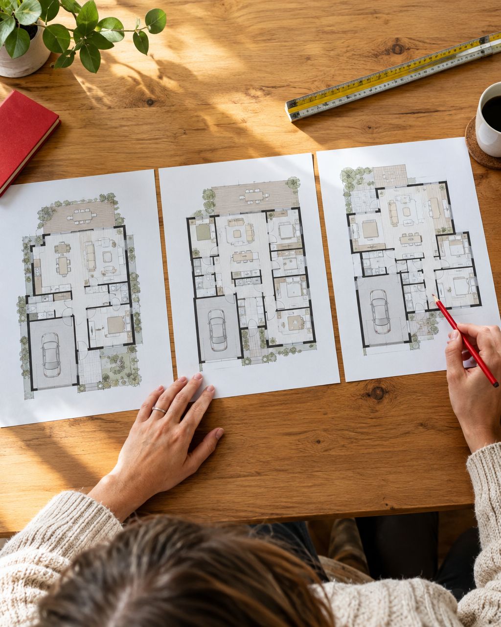 Comparing three house floor plan layouts before meeting a builder