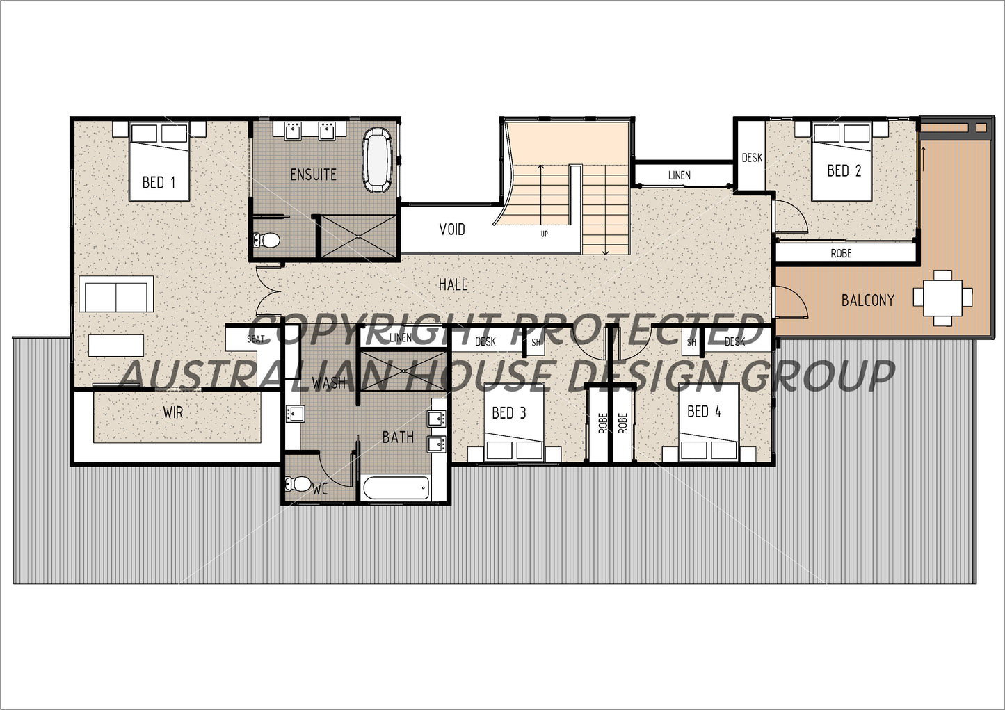 Modern Australian House Design by Australian House Design Group, first floor with dark blue and beige exterior colors.