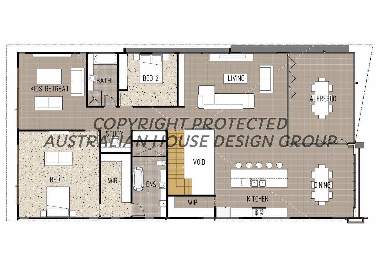 Modern Australian House Design M4007-B floor plan showing the first-floor layout with rooms and architectural details.