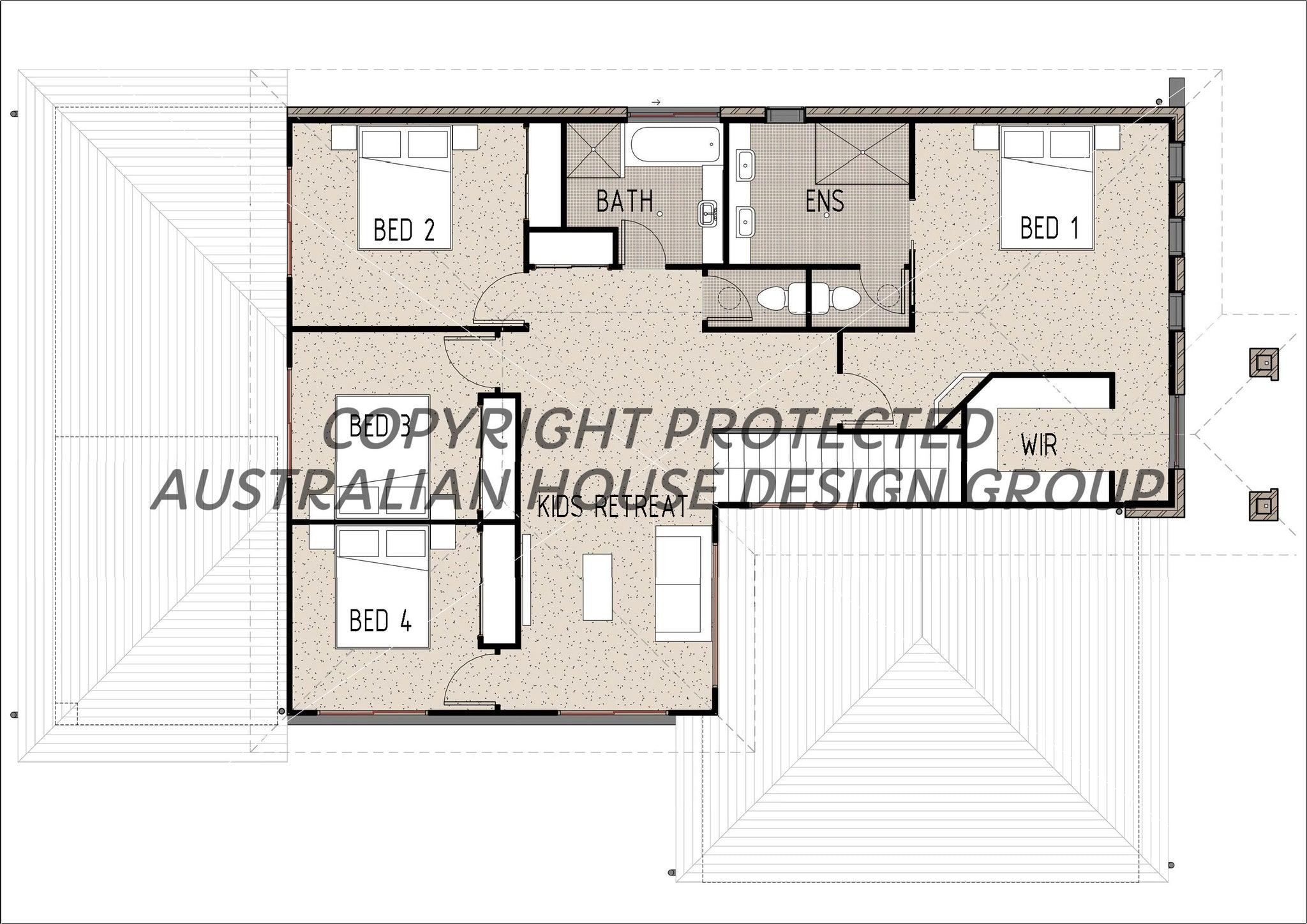 Modern first floor plan for M4030-A by Australian House Design Group, showing detailed layout and room arrangements.