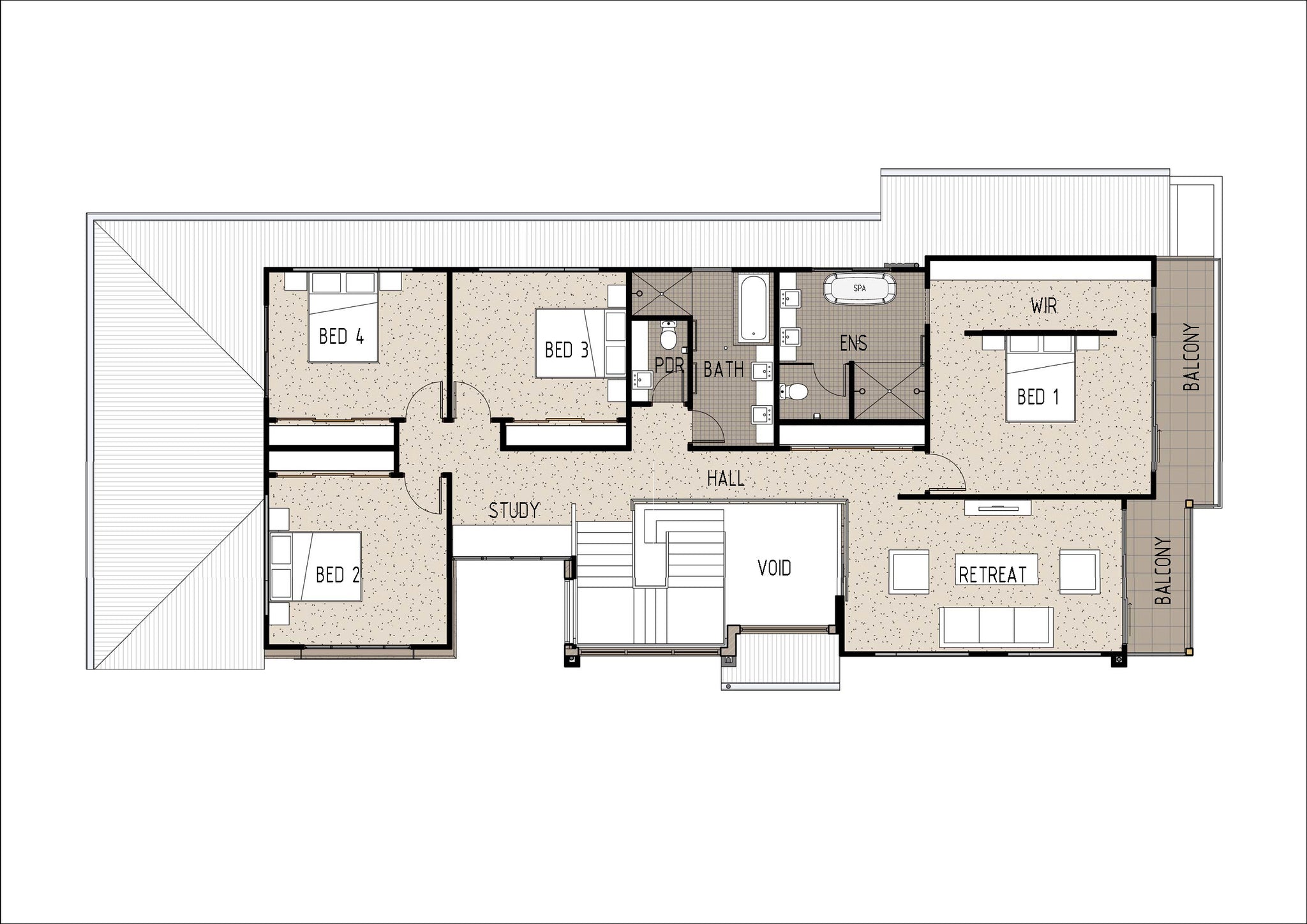 Modern Australian House Design Group M5003-B sheet showing first-floor layout with colorful exterior details.