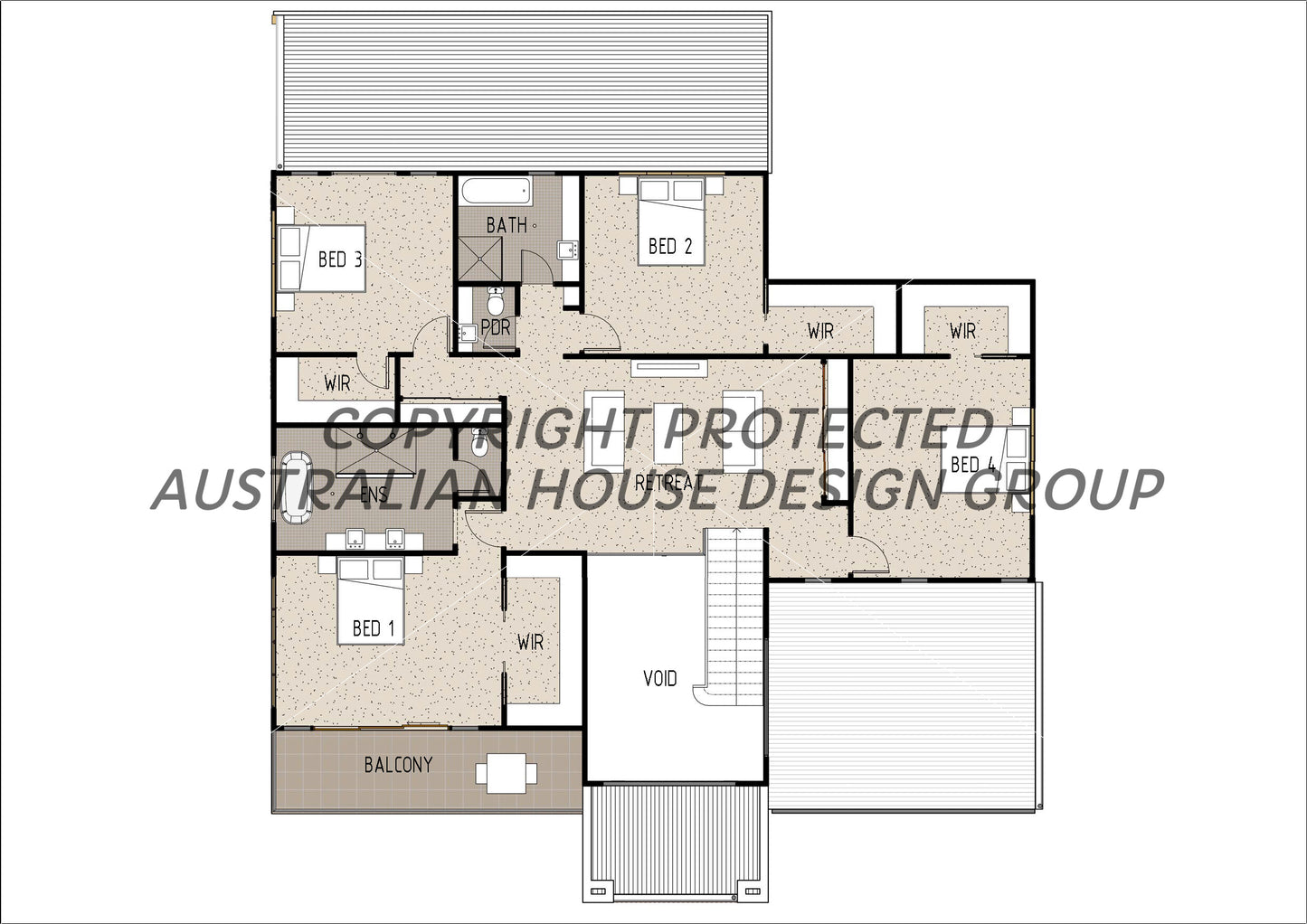 Modern Australian House Design M5006-B floor plan with first-floor layout, featuring contemporary architectural details and color accents.