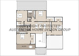 Modern Australian House Design M5006-B floor plan with first-floor layout, featuring contemporary architectural details and color accents.