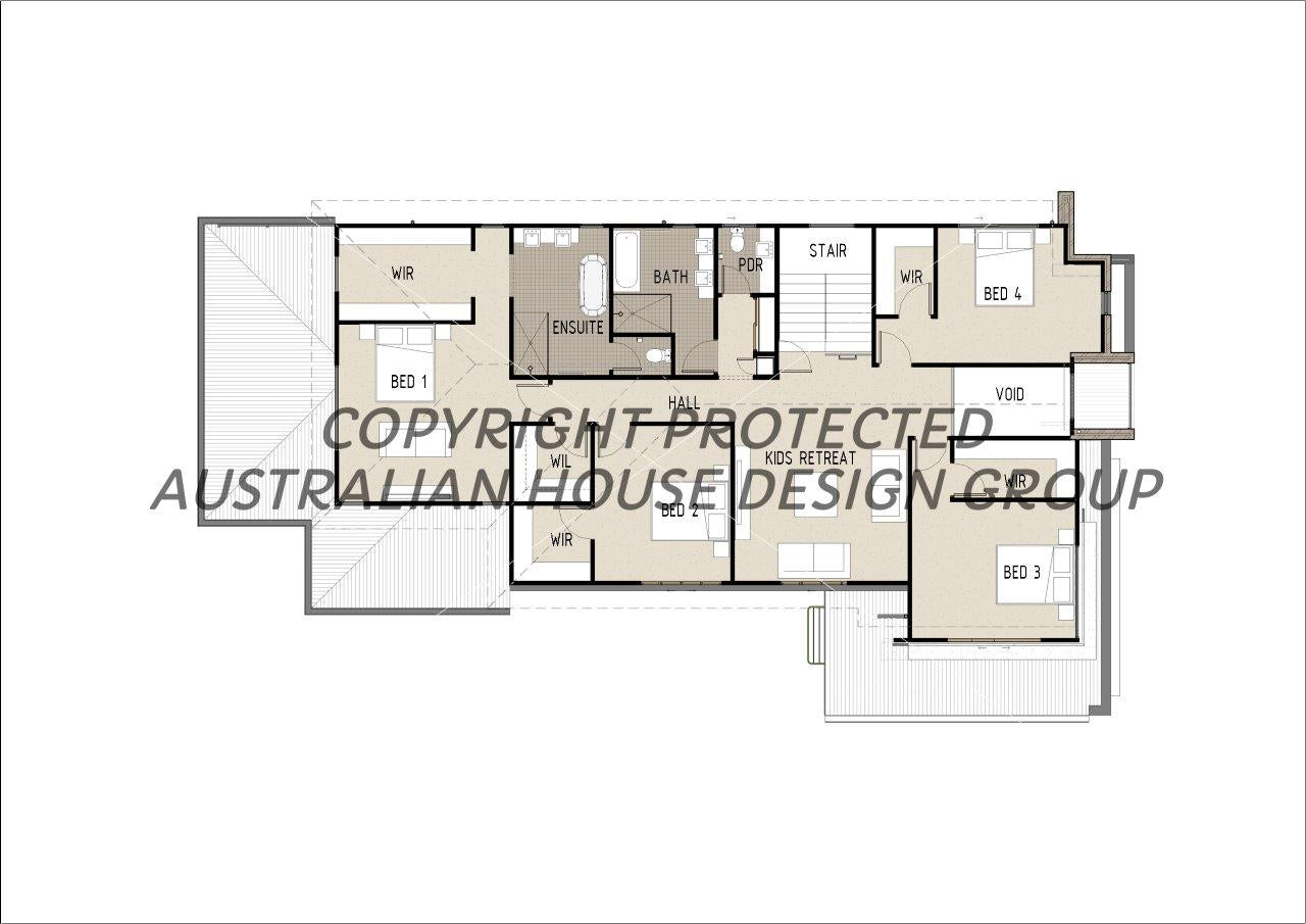 Modern Australian House Design Group M5009-B sheet showing first-floor layout with colorful exterior walls.