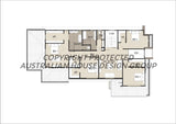 Modern Australian House Design Group M5009-B sheet showing first-floor layout with colorful exterior walls.