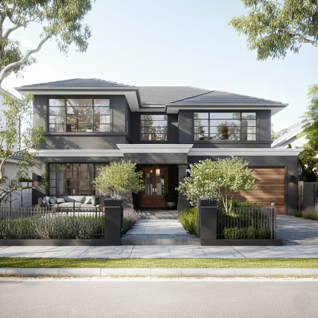 Modern classical MCL4001 home design by Australian House Design Group, showcasing a detailed 3D architectural rendering.