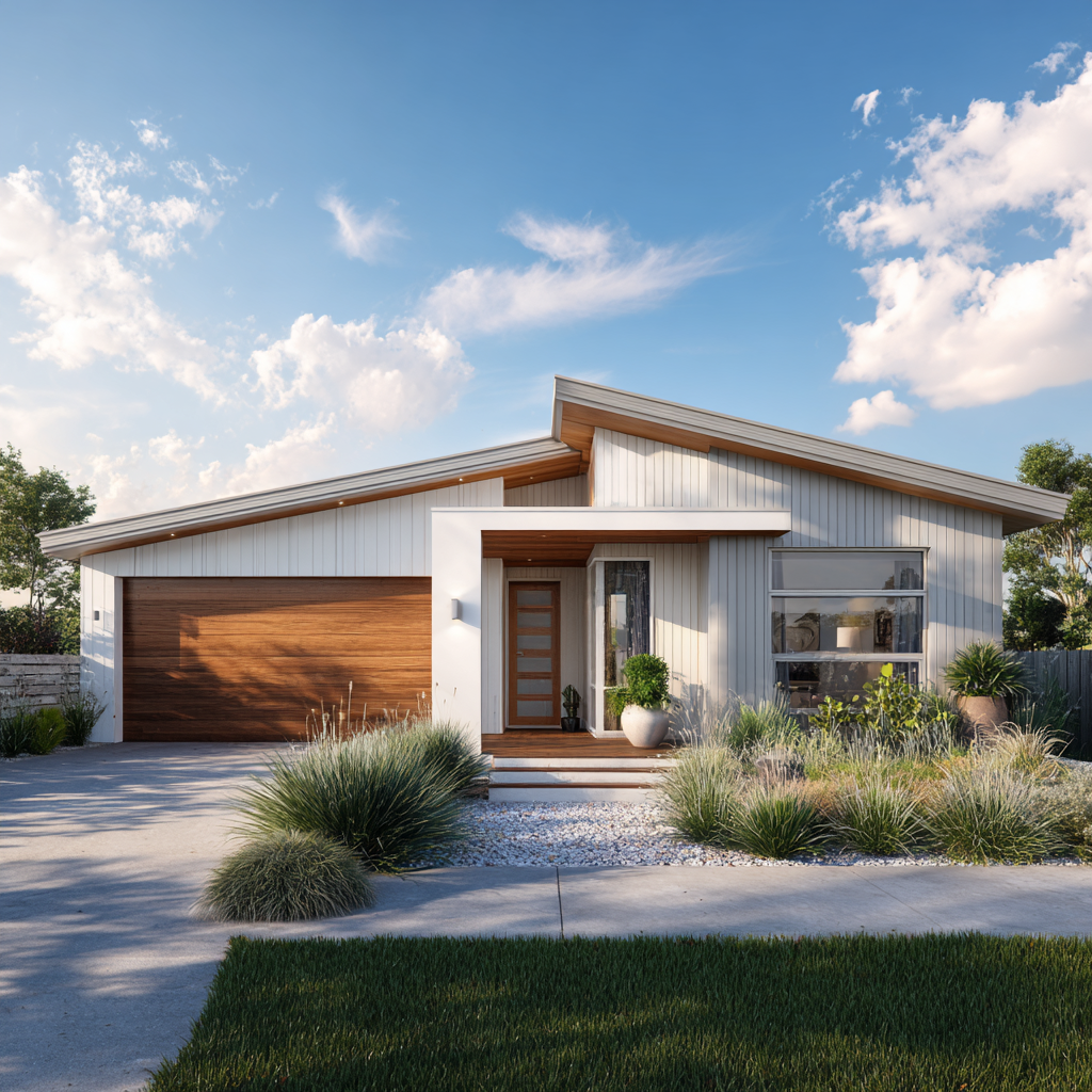 Modern coastal Australian House Design MC4001 model, 3D rendering showcasing contemporary architecture and coastal style details.