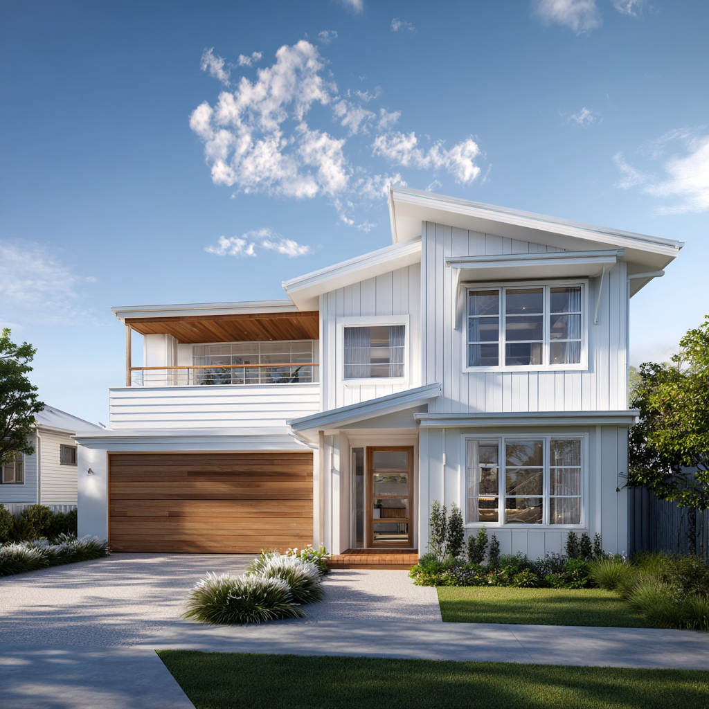 Modern coastal Australian House Design MC4002, stylish 3D architectural rendering showcasing contemporary coastal home features