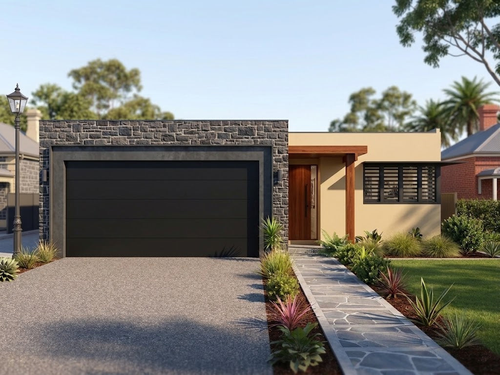 Modern Australian House Design M4009-B rendered front view showcasing contemporary architecture and clean lines.