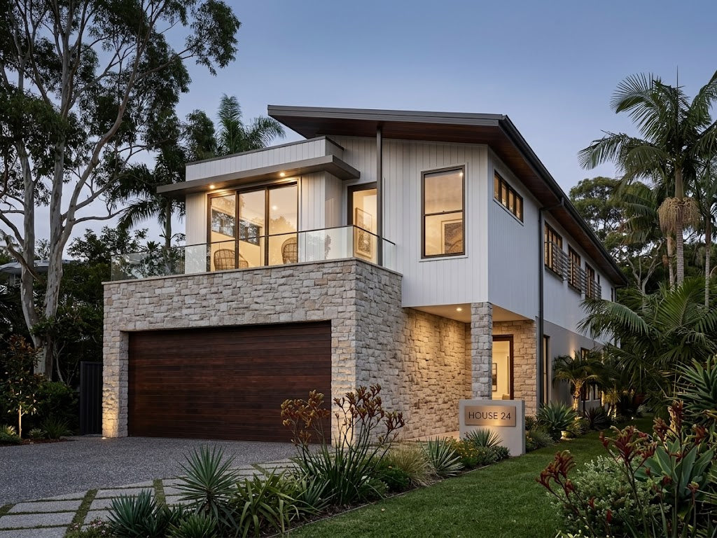 Modern Australian House Design by Australian House Design Group, featuring a sleek exterior render of the M4014-B model.