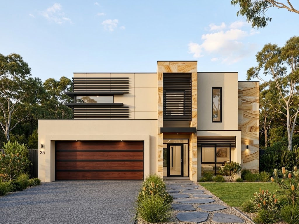 Modern Australian House Design M5009-B rendered exterior showing contemporary architectural details and clean lines.