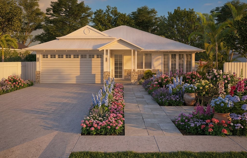 Hamptons-style house exterior with white siding and large windows, designed by Australian House Design Group.
