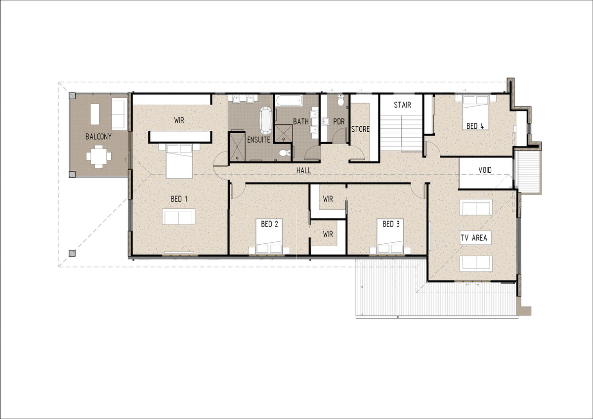 Modern Australian House Design M5001 first-floor layout showing rooms, windows, and architectural details.