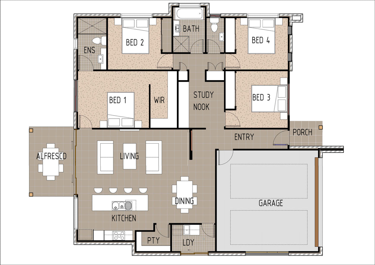 Colorful traditional Australian House Design Group T4003 floor plan with detailed layout and architectural features.