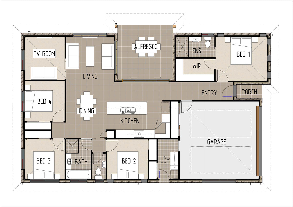 Traditional Australian House Design by Australian House Design Group, ground floor color plan diagram.
