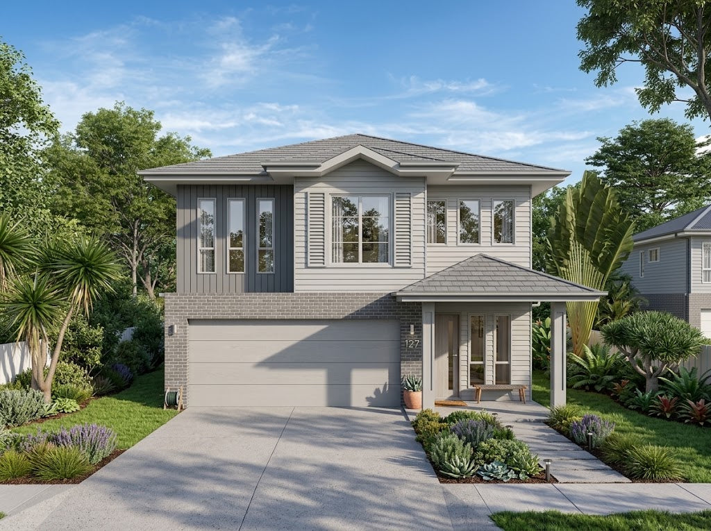 Australian House Design Group Hamptons H4006 exterior with white siding and large windows, showcasing elegant coastal architectural style.