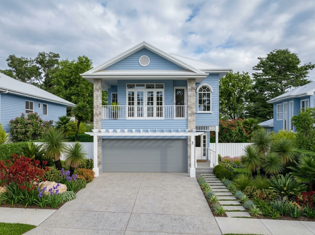 Australian House Design Group Hamptons H4009 exterior view showing classic coastal architectural style with large windows and elegant details.