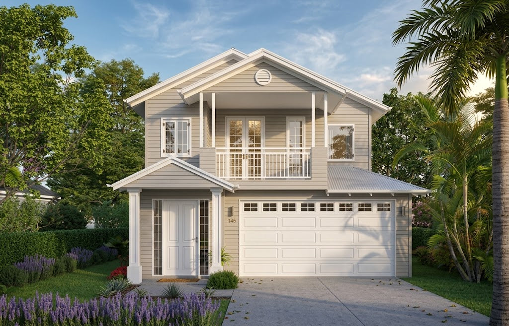 Australian House Design Group Hamptons H4012 exterior with white siding, black window frames, and classic Hamptons style architecture.