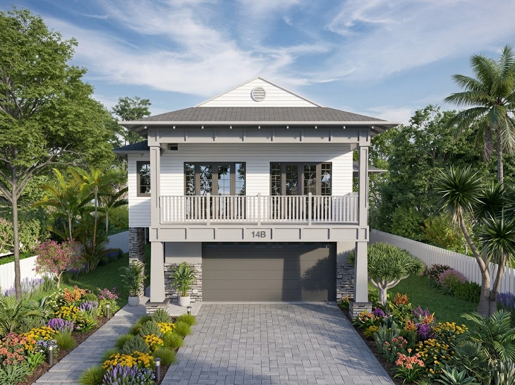 Australian House Design Group Hamptons H4013 exterior rendering showing classic coastal architecture with large windows and white siding.