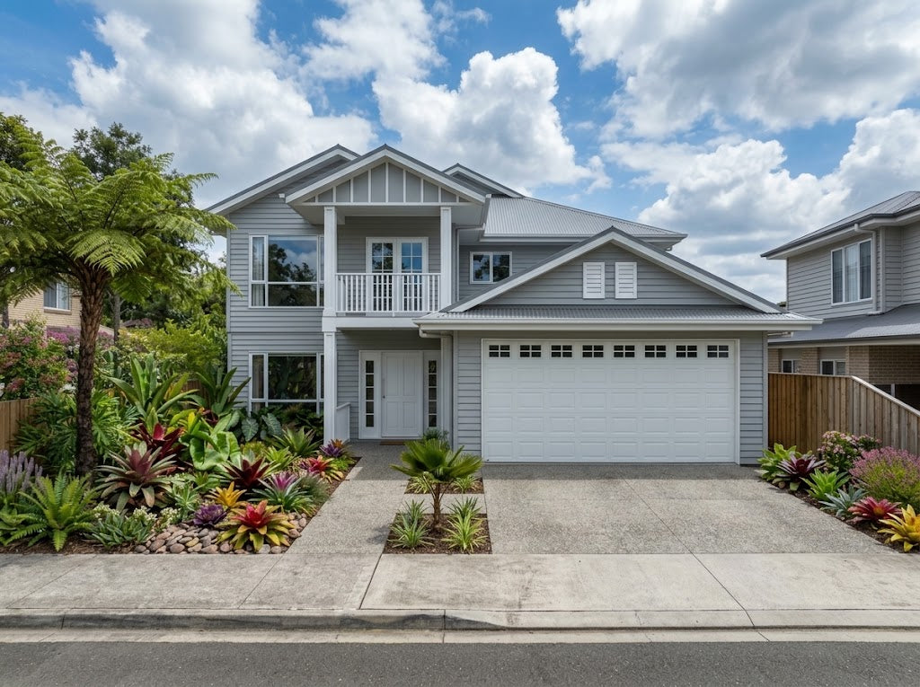 Australian House Design Group Hamptons H5001 exterior with white siding and large windows in a sunny setting