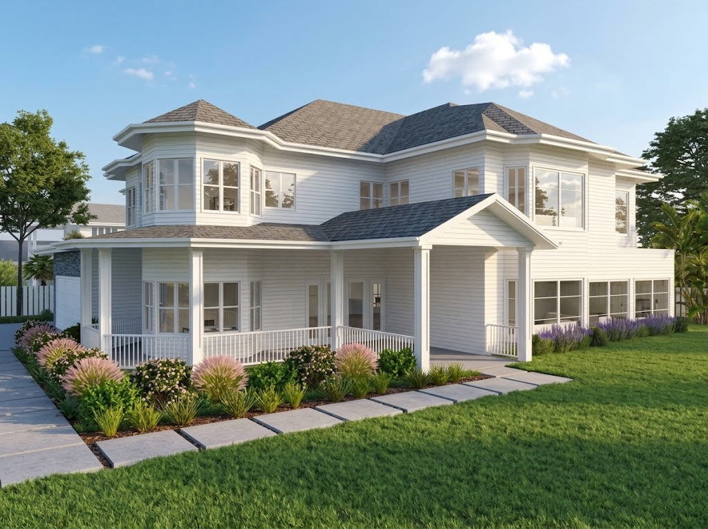 Hamptons-style Australian House Design Group H5003 exterior with white siding and elegant architectural details