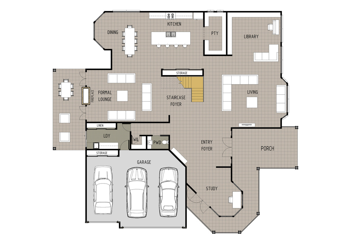 Ground floor plan of the Hamptons-style H5003 house by Australian House Design Group, showing detailed interior layout.