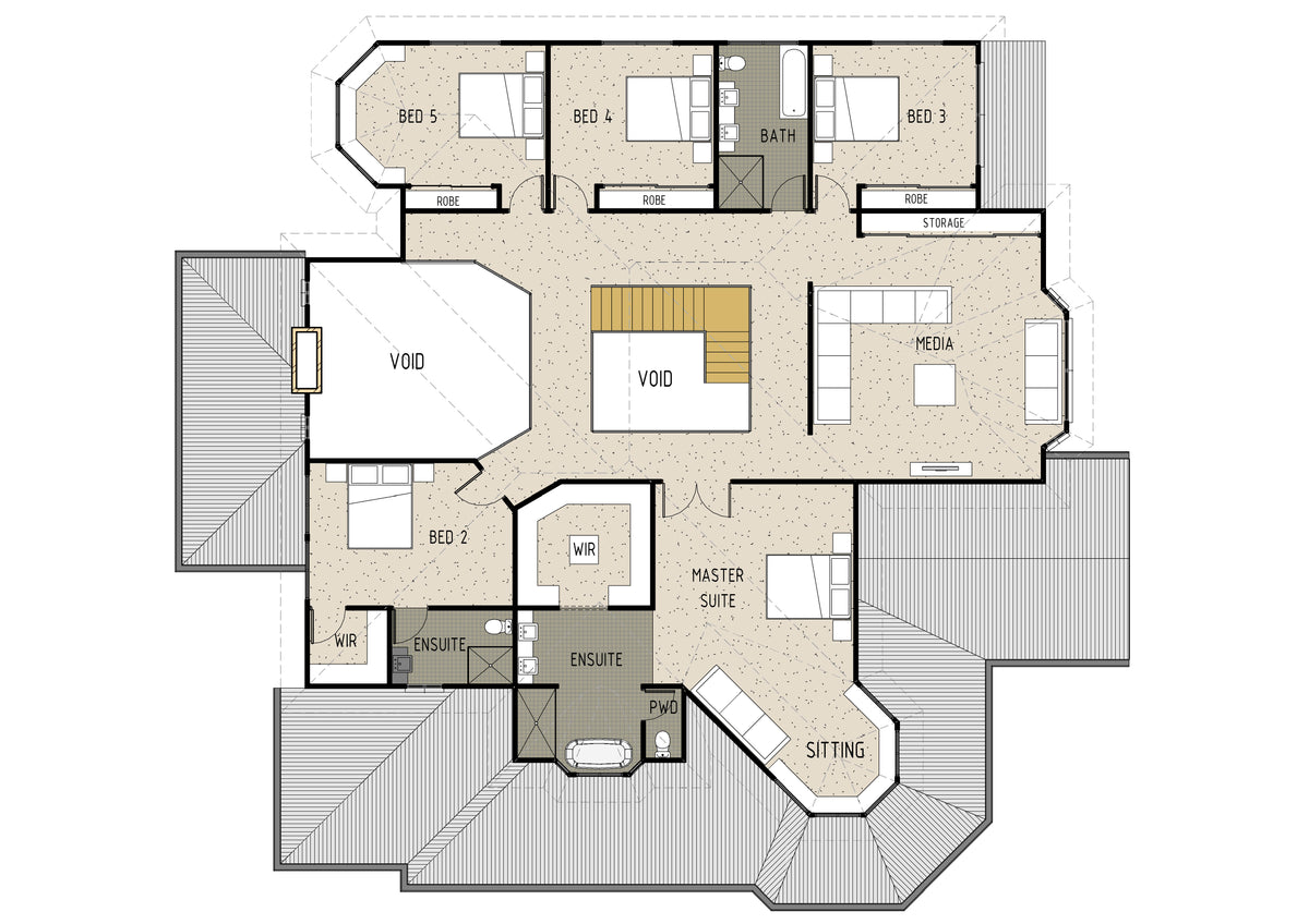 First-floor view of the Australian House Design Group Hamptons style H5003 home, showcasing elegant architectural details and windows.