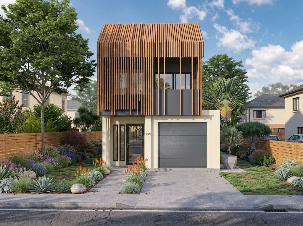 Small Lot property by Australian House Design Group, model SL4008, featuring modern architecture and landscaped outdoor space.