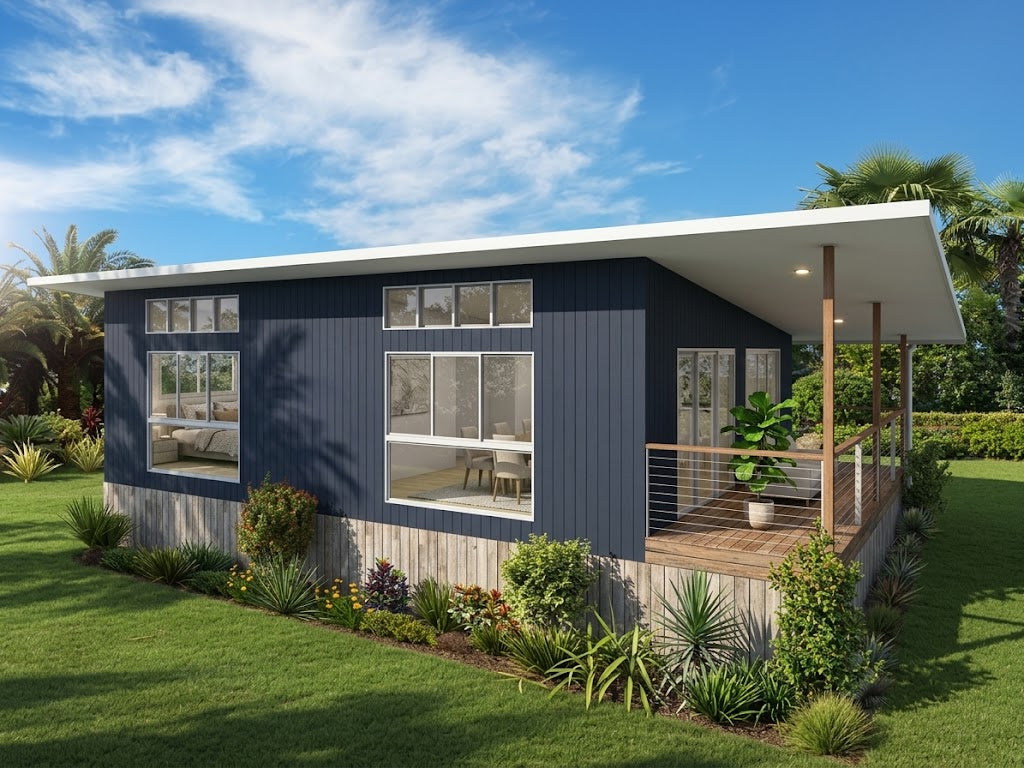 Australian House Design Group GF1001 granny flat with modern exterior, large windows, and compact, functional layout.