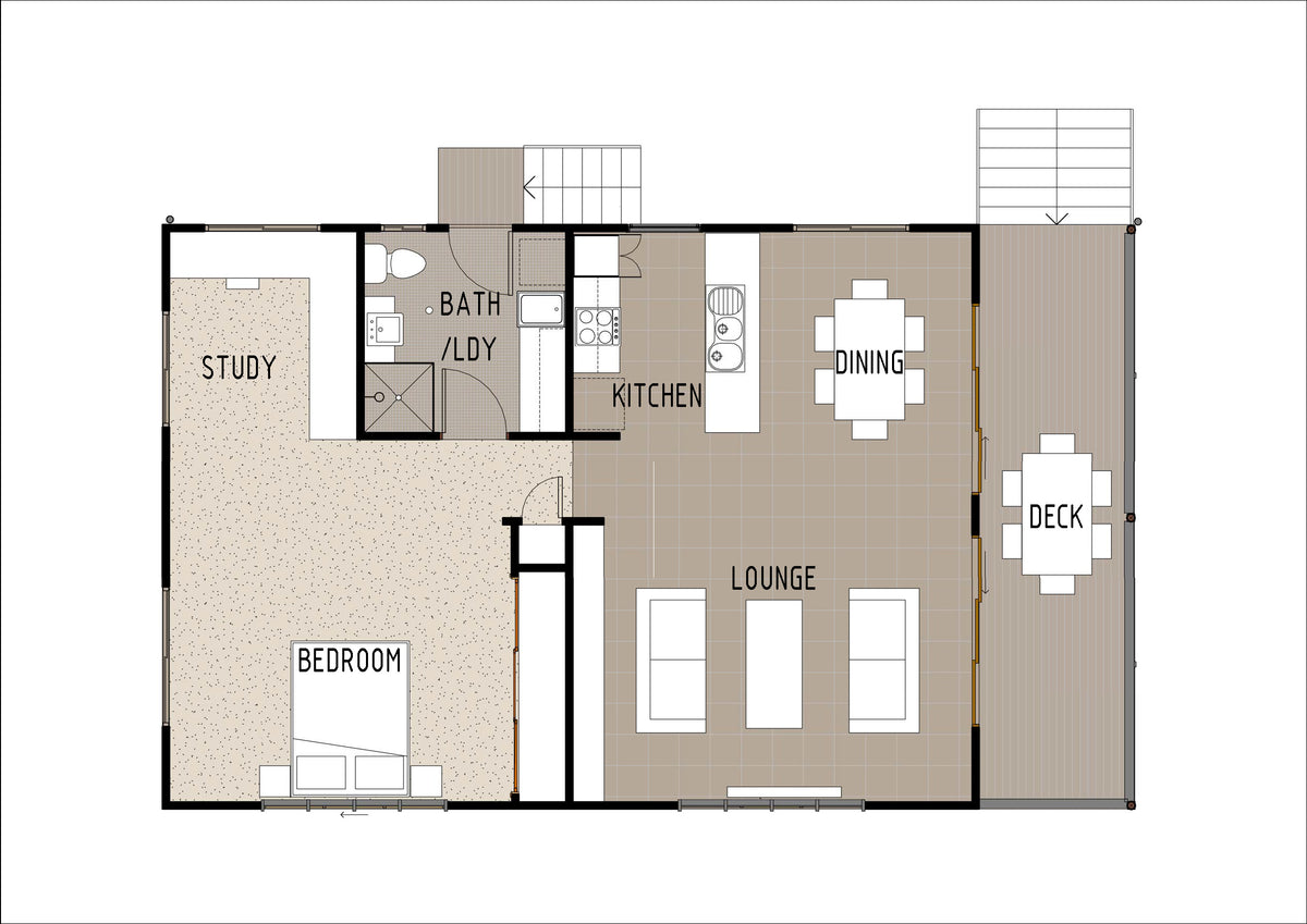 Australian House Design Group GF1001 granny flat ground floor plan in color, showing layout and design details.