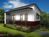 Australian House Design Group GF1002 granny flat exterior with modern design and large windows in a landscaped yard