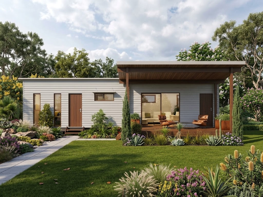 Australian House Design Group GF1003-B granny flat exterior view showing modern design and neutral color palette.