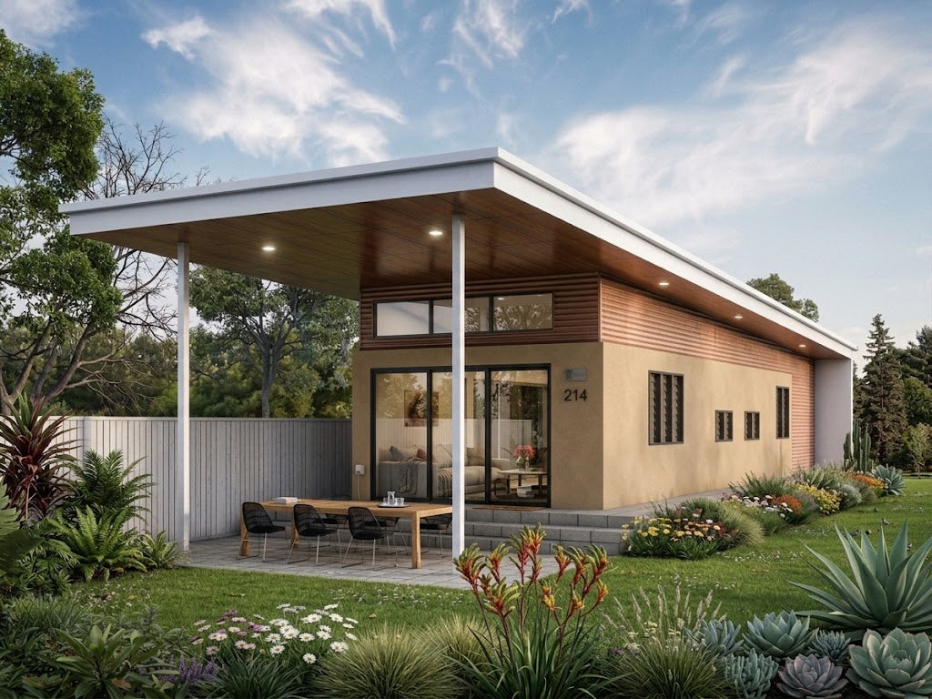 Australian House Design Group GF1004-B granny flat with modern exterior and large windows, showcasing compact residential living space.