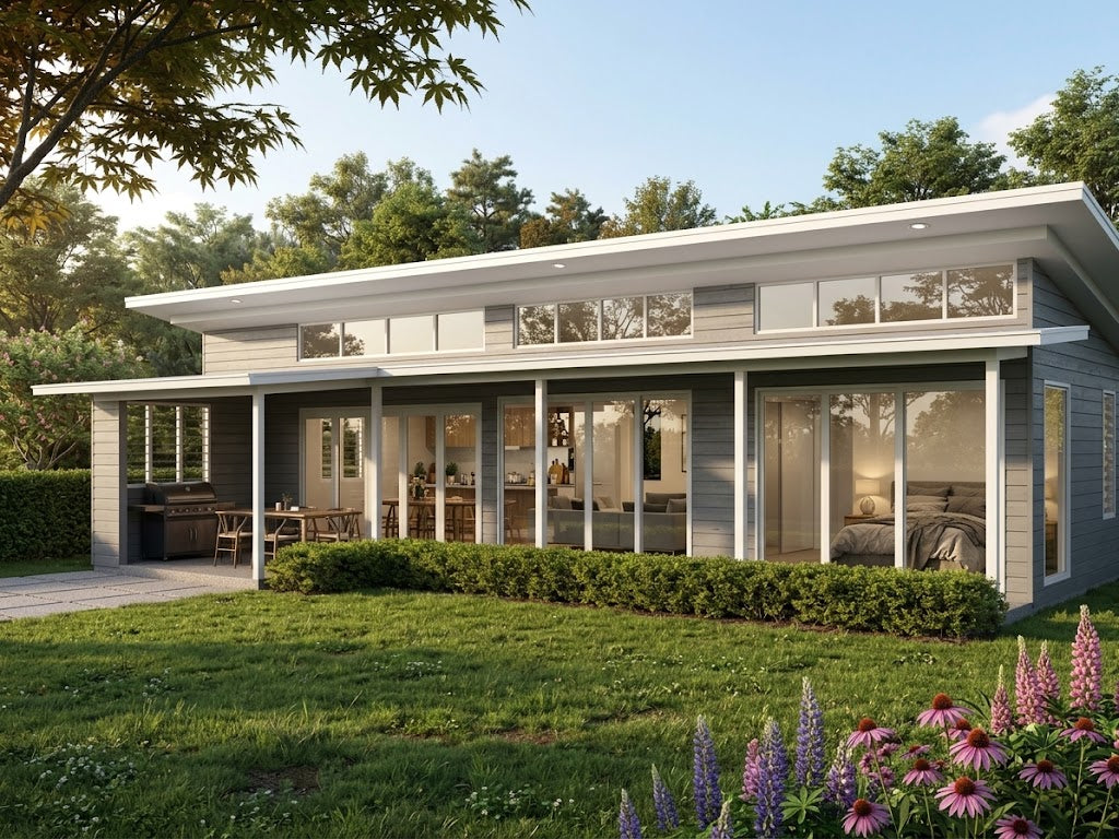 Australian House Design Group GF1005 granny flat exterior with modern design and neutral-colored siding.