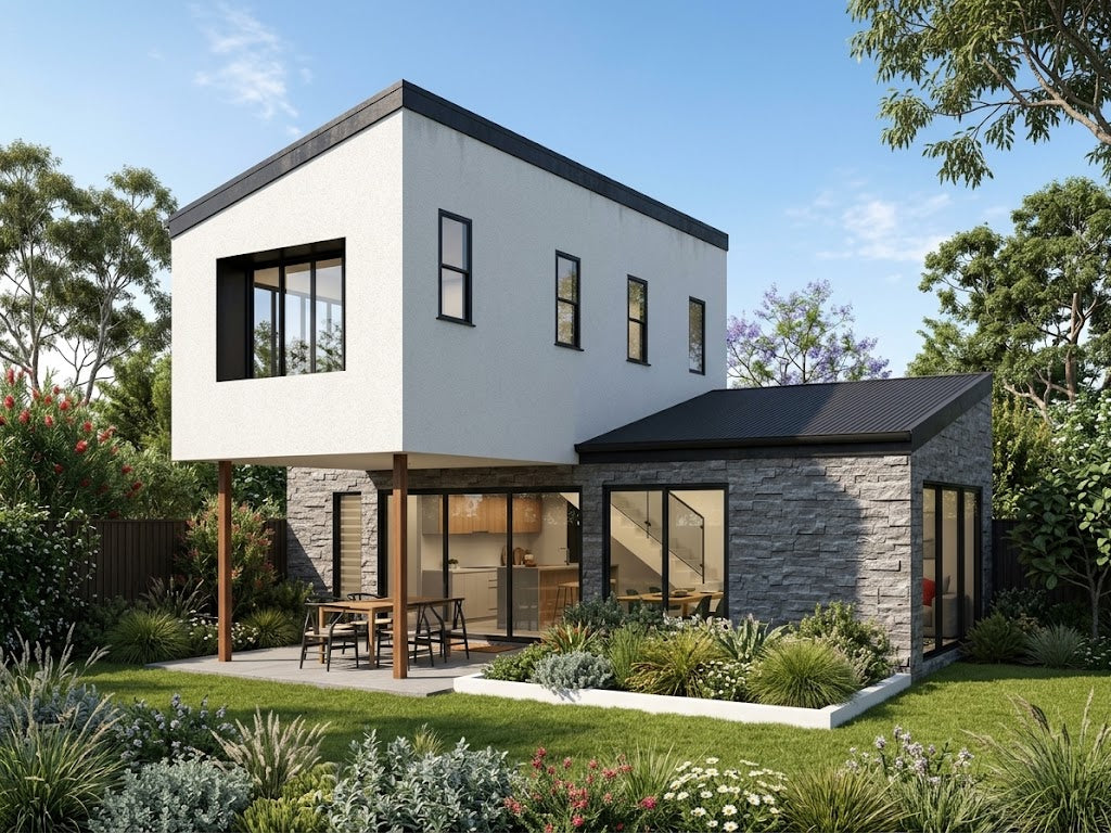 Australian House Design Group GF1007 granny flat exterior view showing modern design and compact structure.