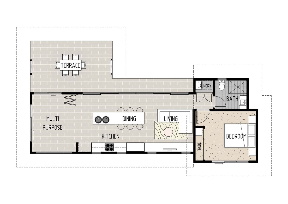 Australian House Design Group GF1008 granny flat plan showing detailed layout and dimensions.