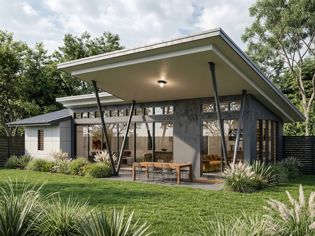 Australian House Design Group granny flat model GF1008-A, modern compact backyard dwelling with windows and door, exterior view.