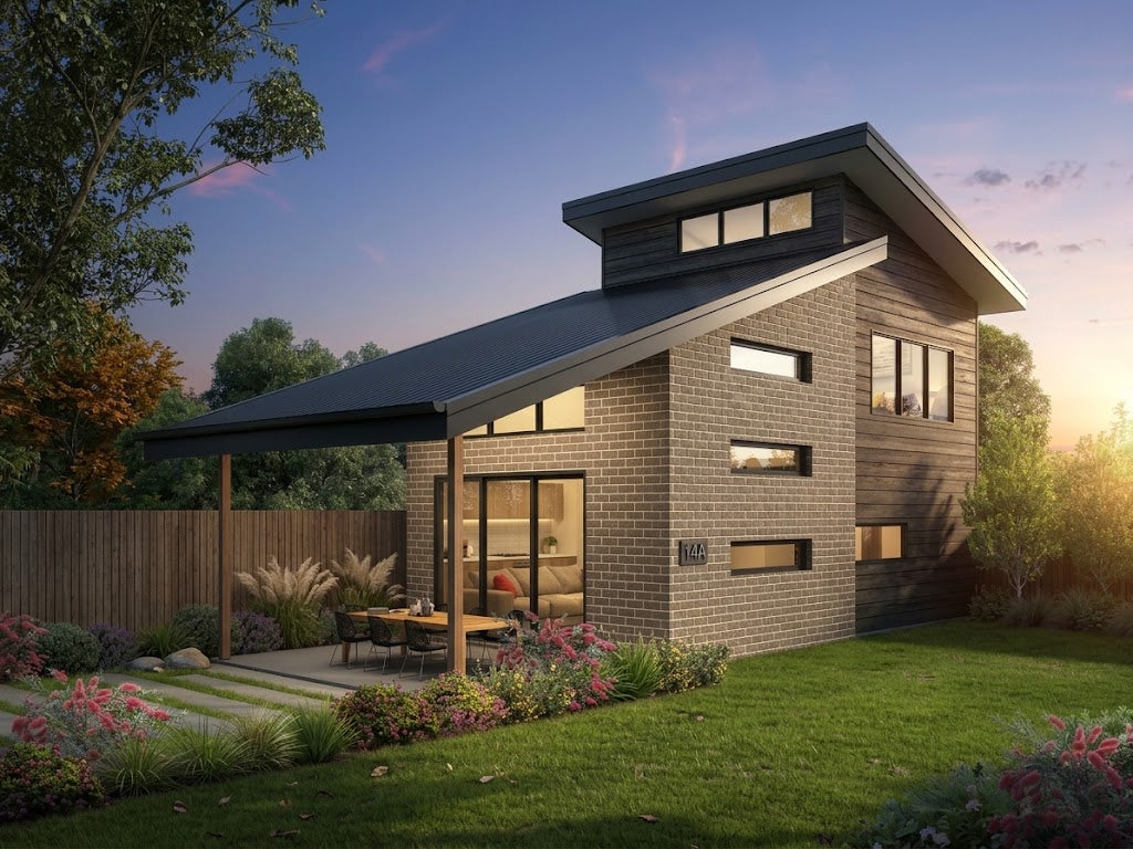 Australian House Design Group GF1010 granny flat exterior with modern design and neutral color palette.