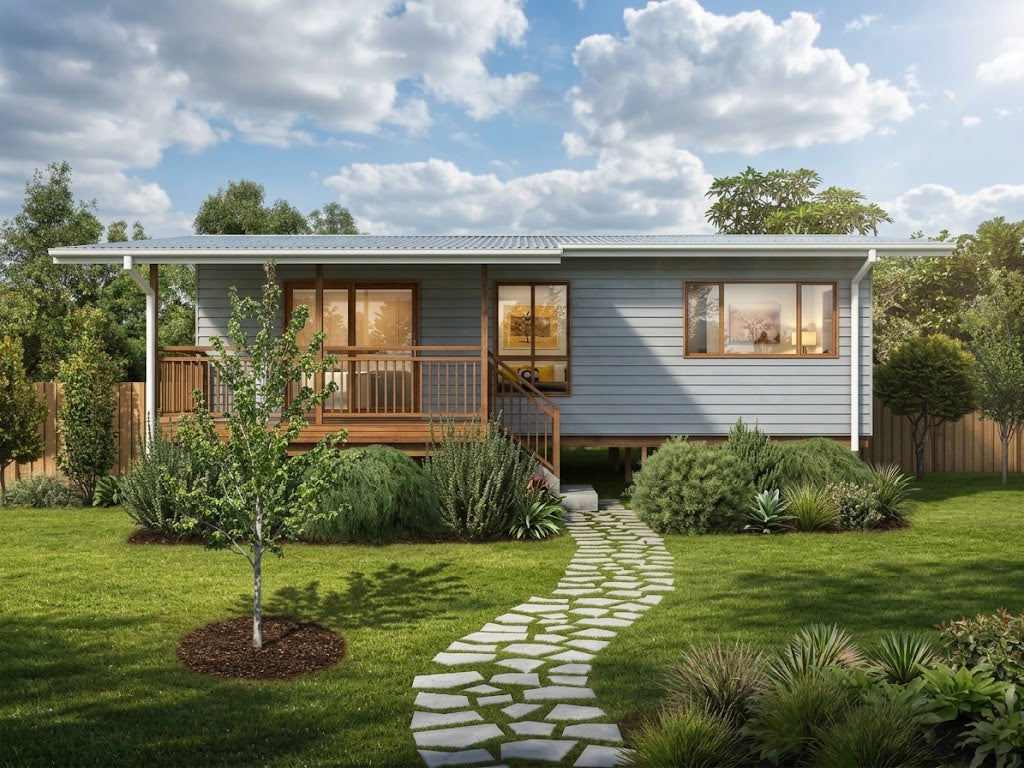 Australian House Design Group GF1011 granny flat with modern exterior and large windows, showcasing compact, functional design.
