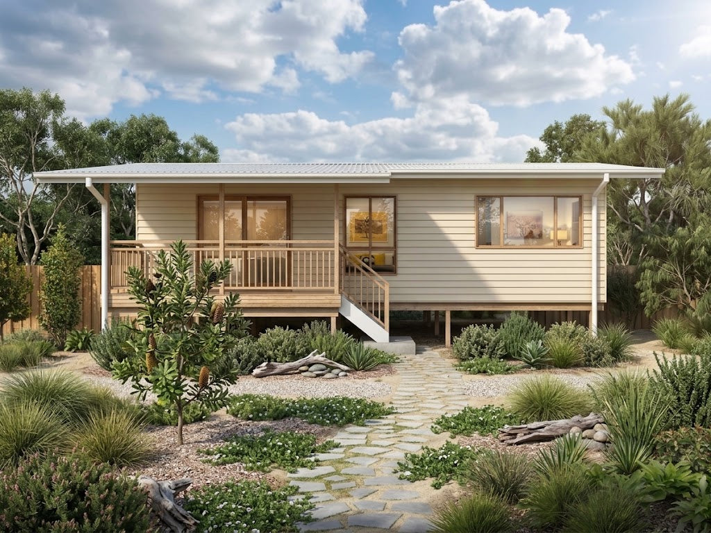 Australian House Design Group GF2001 granny flat exterior with modern design and large windows, showcasing compact living space.