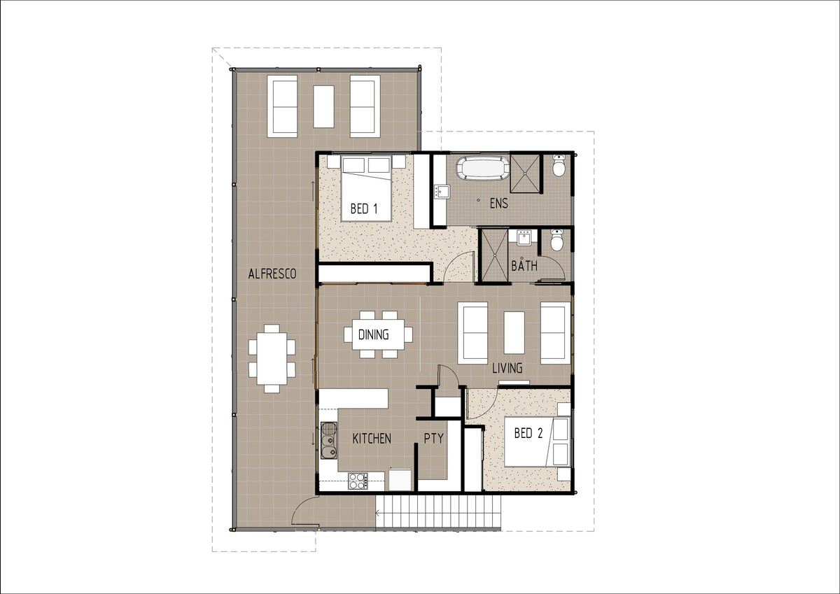 Australian House Design Group GF2004 granny flat exterior view showing modern architecture and spacious layout.