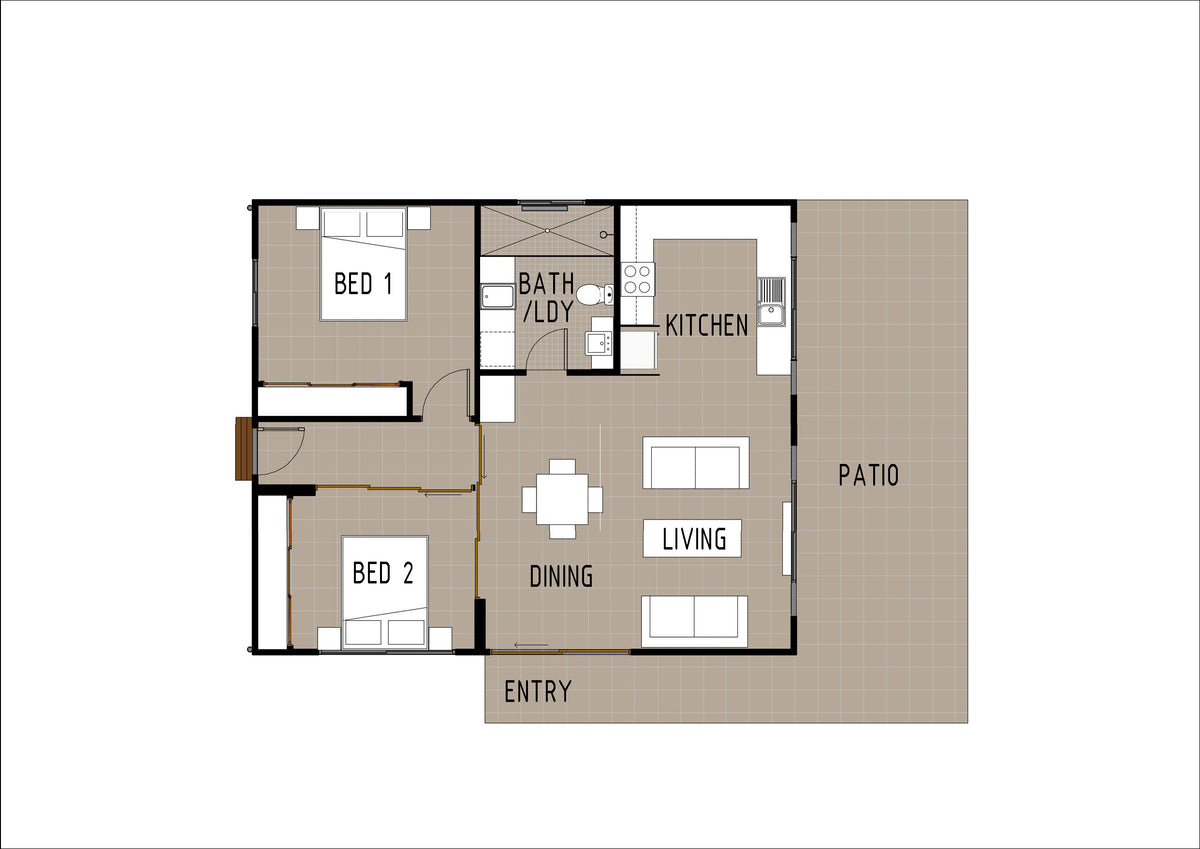 Australian House Design Group GF2005-A granny flat floor plan with detailed architectural layout and exterior view.