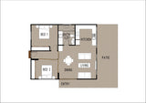 Australian House Design Group GF2005-A granny flat floor plan with detailed architectural layout and exterior view.