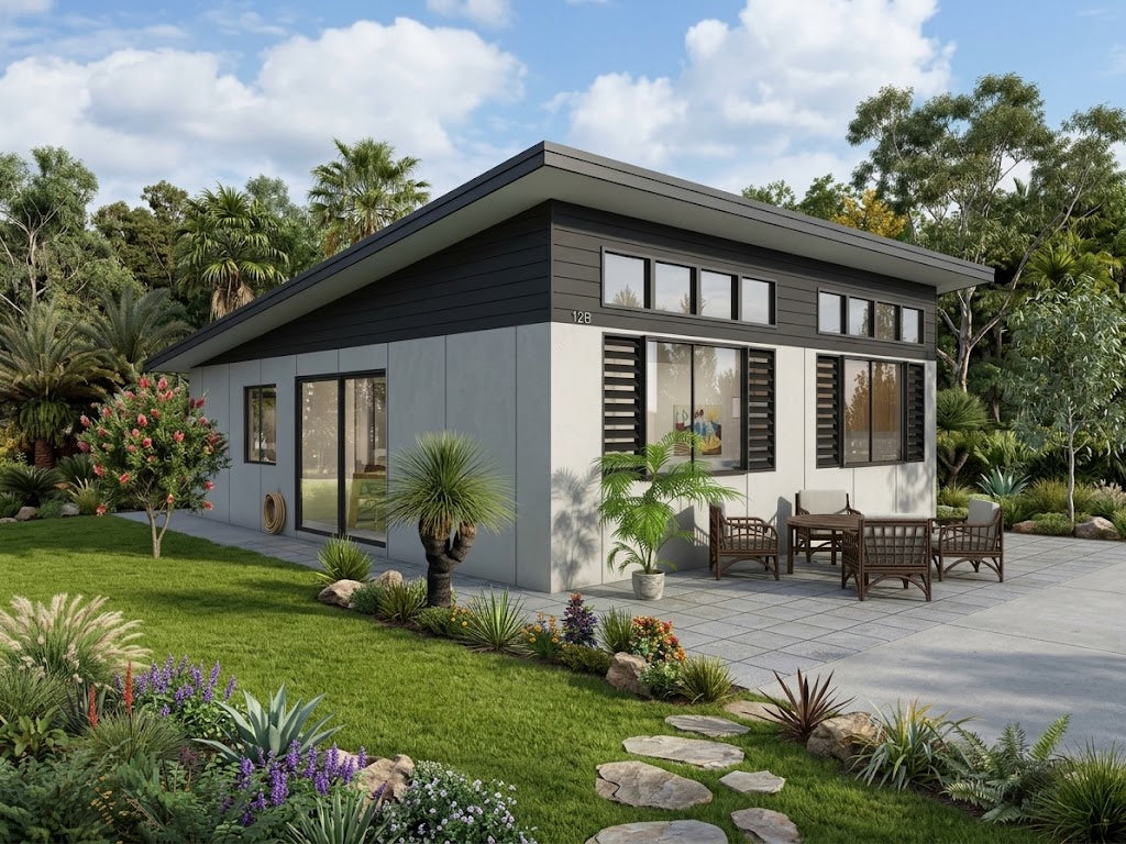 Australian House Design Group GF2005-A granny flat with modern exterior and large windows, showcasing compact, functional living space