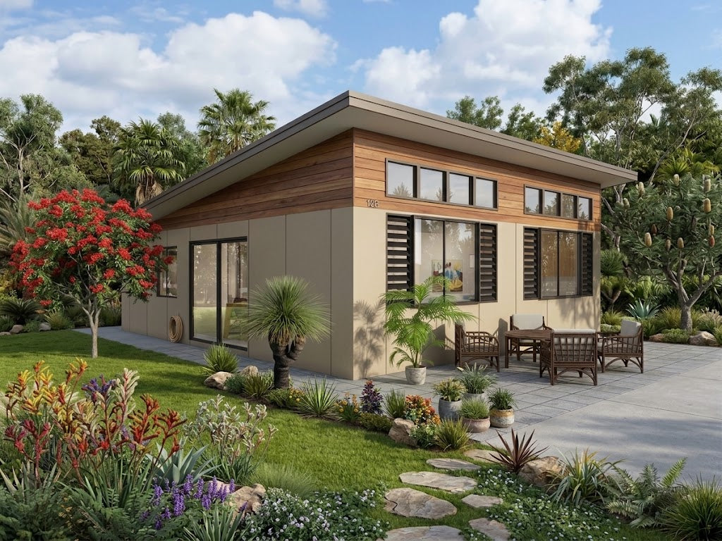 Australian House Design Group GF2005-B granny flat with modern exterior and spacious windows, designed for efficient residential living.