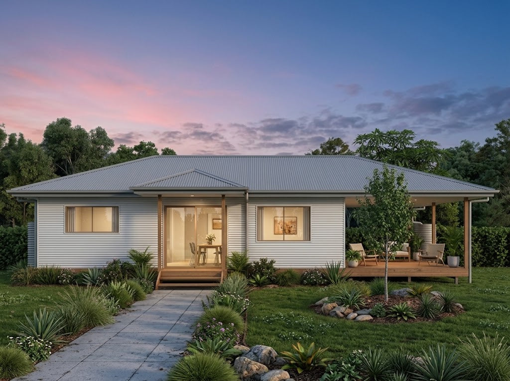 Australian House Design Group GF2007 granny flat exterior with modern design and large windows in a lush backyard setting.