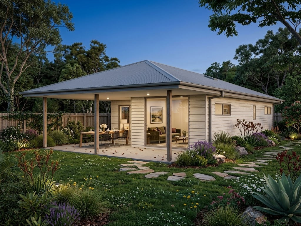 Australian House Design Group GF2010 granny flat rendered exterior with modern design and neutral color palette.