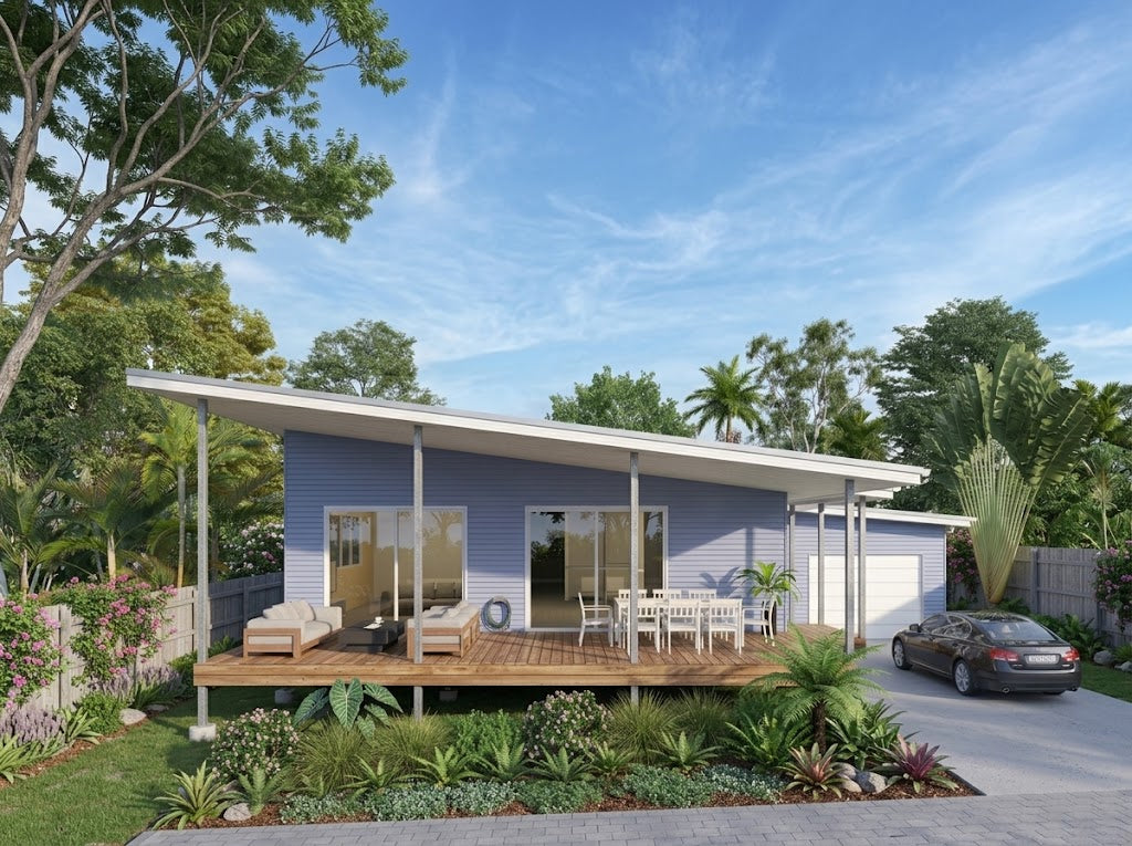 Australian House Design Group GF2011 granny flat, modern small backyard home with large windows and outdoor patio area.