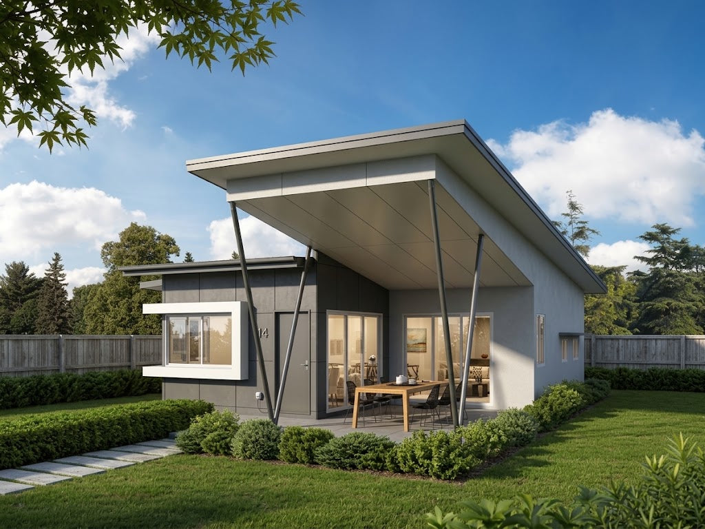 Australian House Design Group GF2012 granny flat exterior view showing modern design with large windows and a neutral color palette.