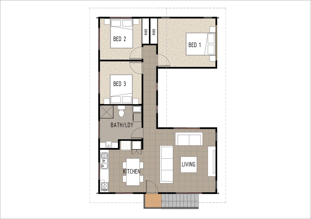 Australian House Design Group GF3001 granny flat exterior with modern design, large windows, and landscaped surroundings.